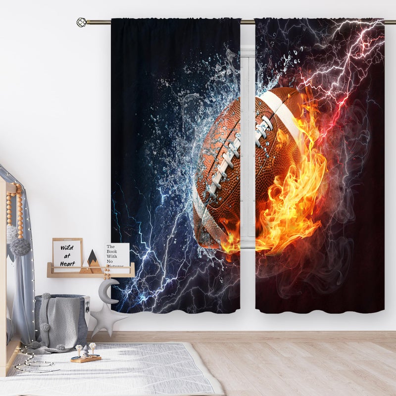 Cinbloo Sports Curtains for Boys Bedroom 42Wx63L Inch Rod Pocket Men American Football Wall Decor Flame 3D Football for Teens Kids Cool Modern Living Room Gym Window Drape Fabric 2 Panel - Image 2
